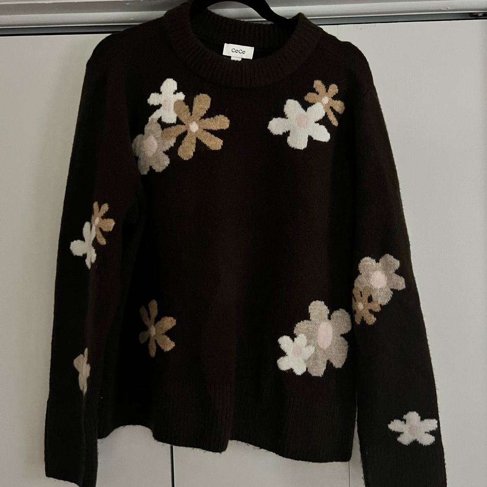 CeCe Women's Black Sweater with Cream and Tan Floral Design